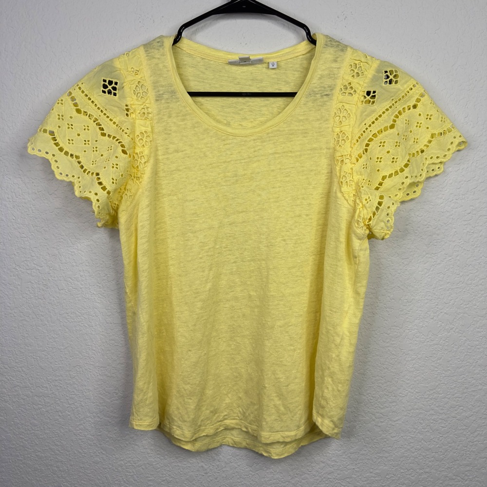 Chico's M Yellow Linen Eyelet Flutter Sleeve Coastal Cottagecore Feminine Boho